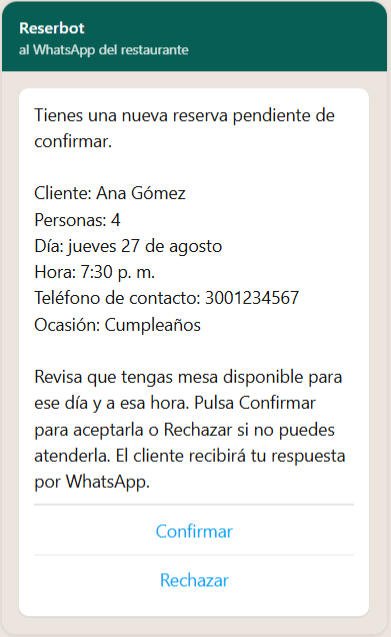 RESERBOT saluda al cliente en WhatsApp